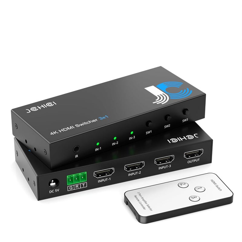 JCHICI مفتاح HDMI 3 في 1 خارج 4K@60Hz، محول HDMI 3 منافذ مع جهاز تحكم عن بعد، يدعم HDCP 2.2 HDR 10+ Dolby Vision/Atmos 18Gbps CEC لتلفاز آبل، ألعاب الكمبيوتر، PS4 5 برو، إكس بوكس، روكو - Image 1